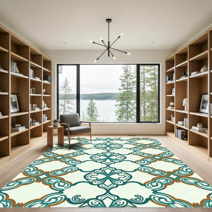 Teal Ochre Lattice Scrollwork Rug