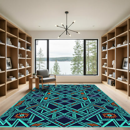 Teal Orange Geometric Interlocking Eye Rug