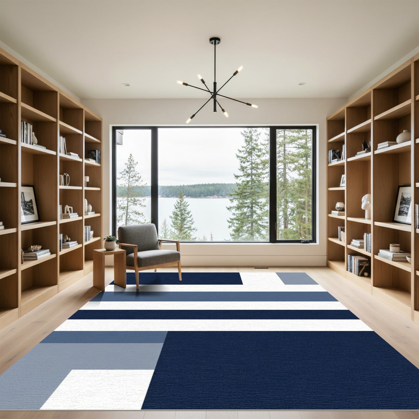 Abstract Navy Blue Striped Geometric Rug