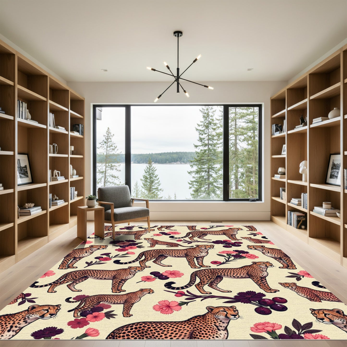 Elegant Cheetah and Floral Botanical Cream Rug