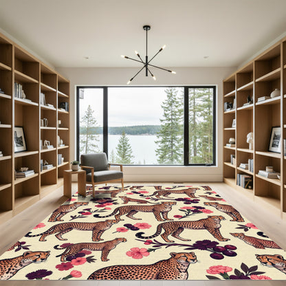 Elegant Cheetah and Floral Botanical Cream Rug