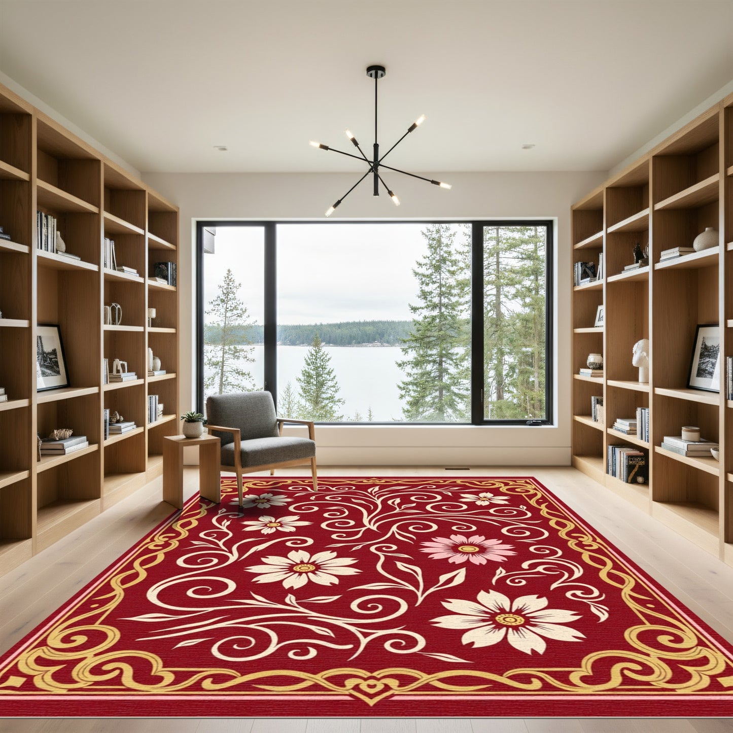 Crimson Floral Scrollwork With Golden Border Rug