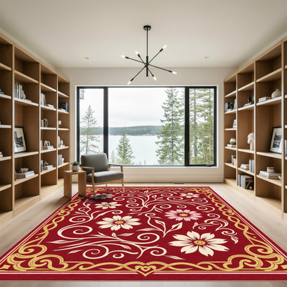 Crimson Floral Scrollwork With Golden Border Rug