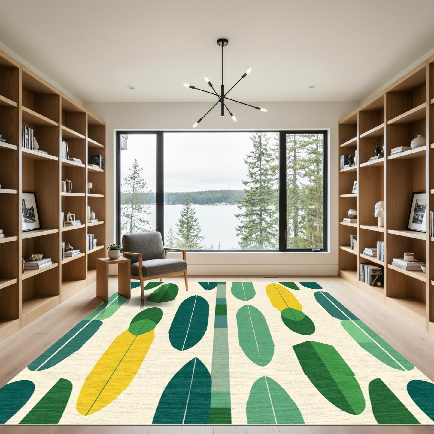 Geometric Green Leaf Mid Century Modern Rug