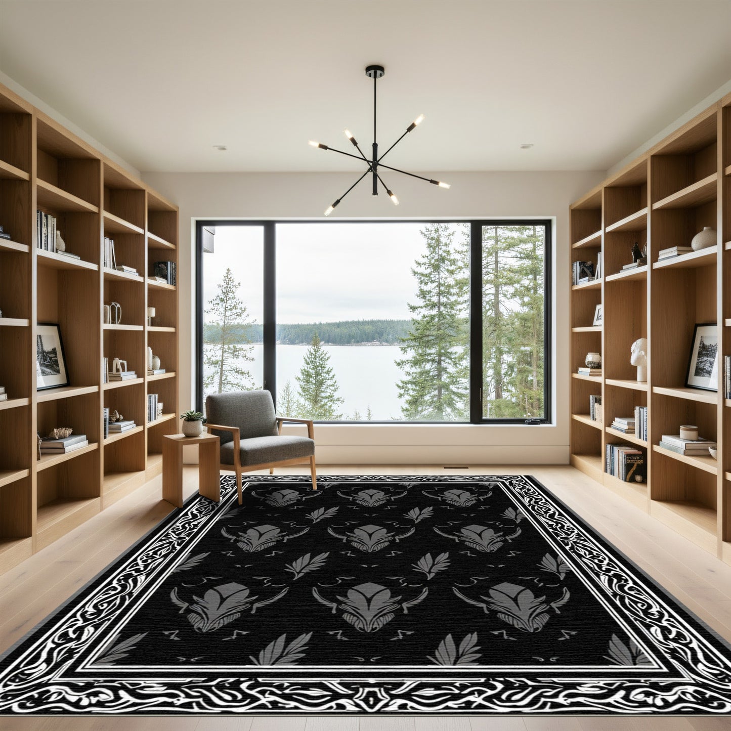 Dark Grey Floral Symmetry Border Rug