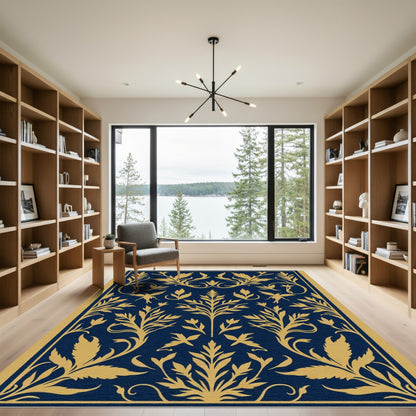 Navy Gold Botanical Bird Medallion Rug