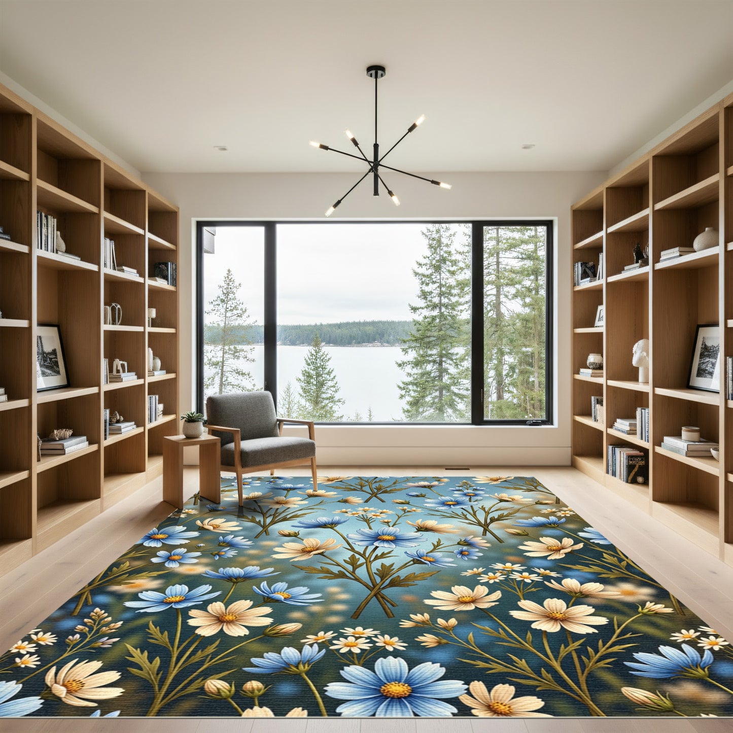 Charming Blue White Floral Garden Rug