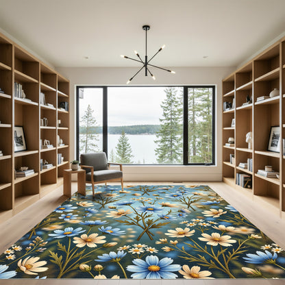 Charming Blue White Floral Garden Rug