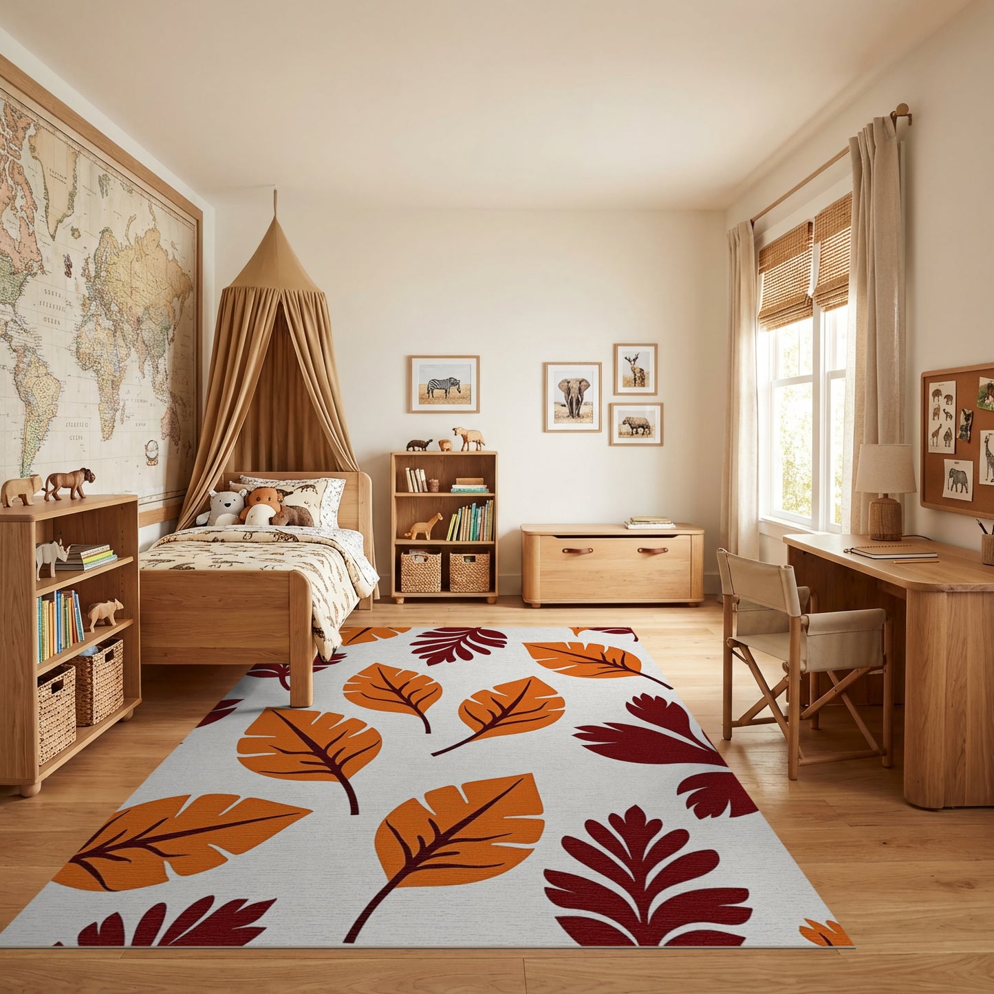 Bold Orange Maroon Tropical Leaves Rug