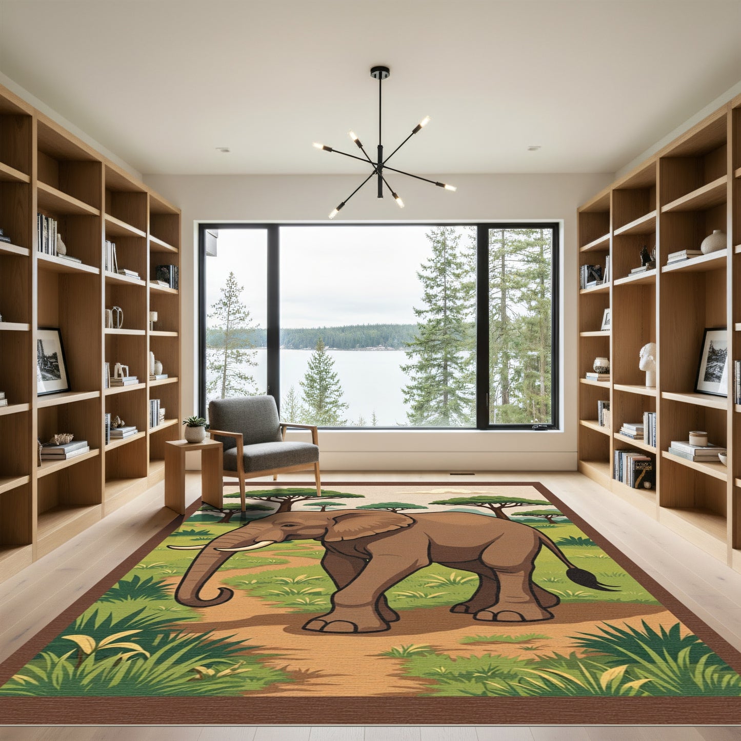 Brown Elephant Walking African Savannah Pathway Rug