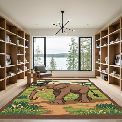 Brown Elephant Walking African Savannah Pathway Rug