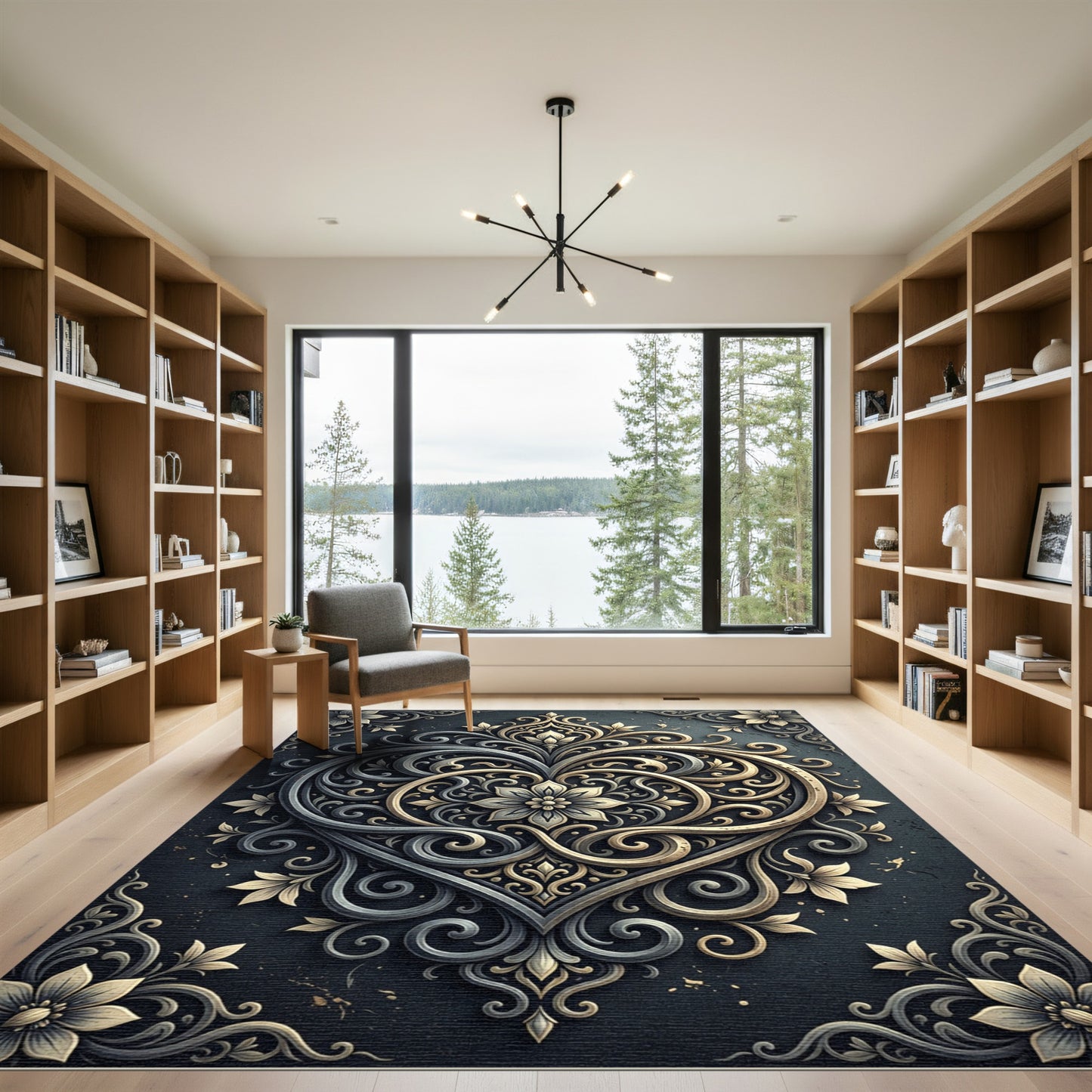 Ornate Gold Gray Filigree Heart Rug