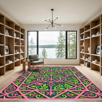 Sophisticated Pink Botanical Key Lattice Rug