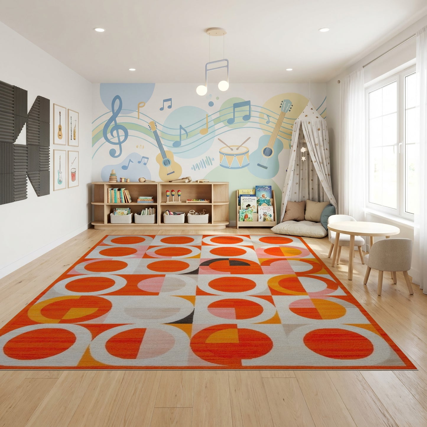 Vibrant Orange Pink Circles Geometric Rug
