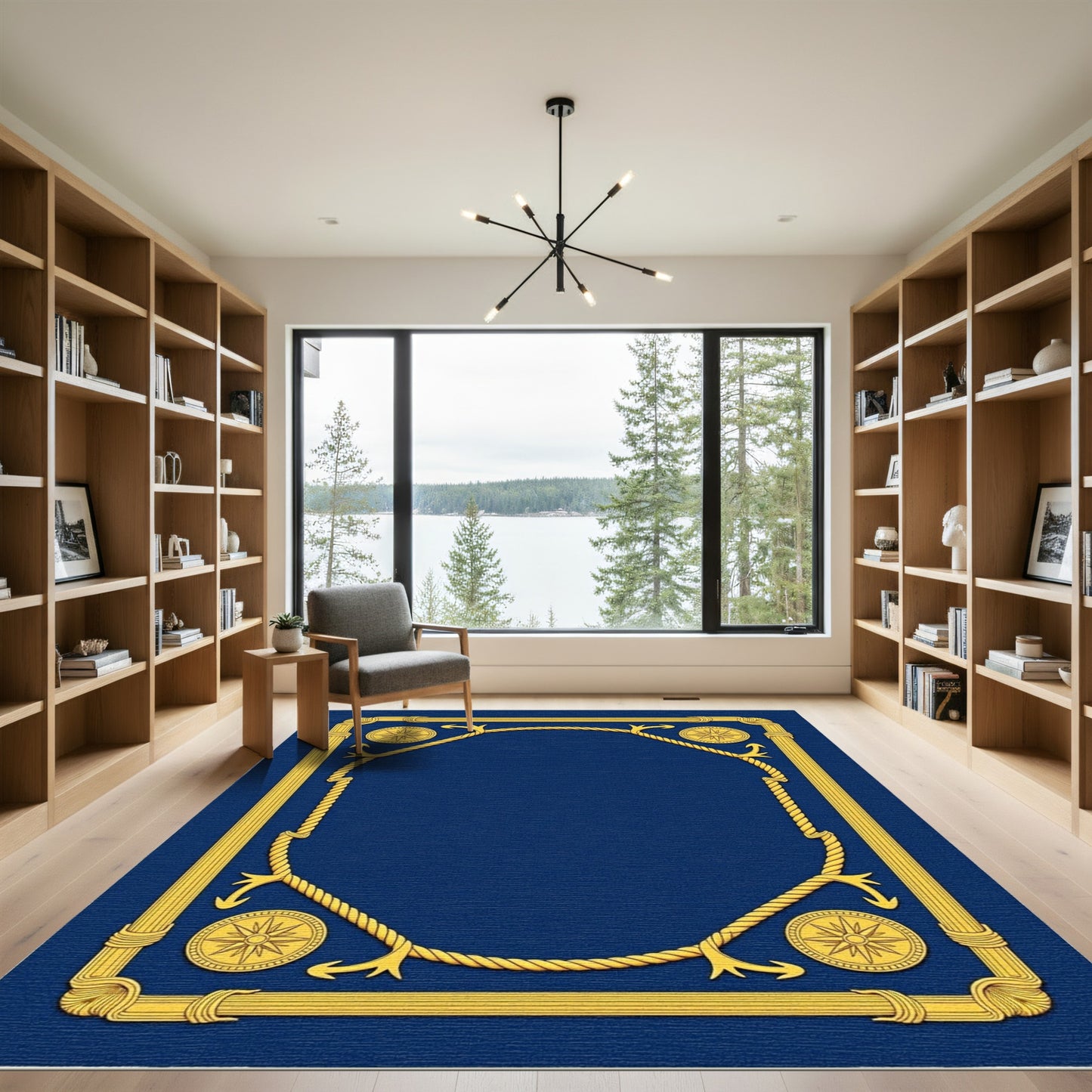 Deep Blue Golden Nautical Rope Border Rug