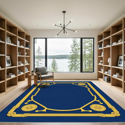 Deep Blue Golden Nautical Rope Border Rug