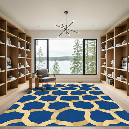 Golden Interlocking Waves Blue Rug