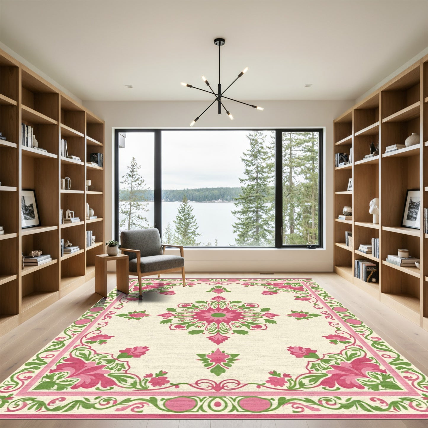 Pink and Green Floral Medallion Border Rug