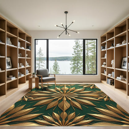 Elegant Gold Leaf Burst Emerald Backdrop Rug
