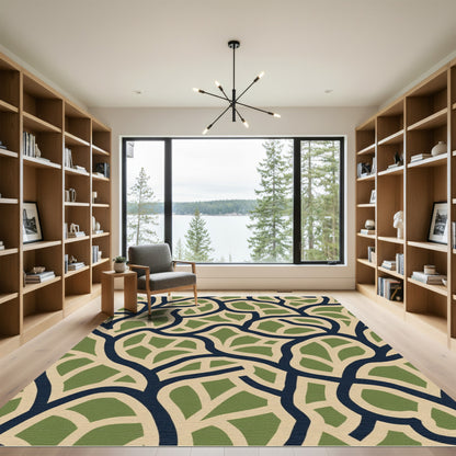 Navy Green Leafy Vine Weave Rug