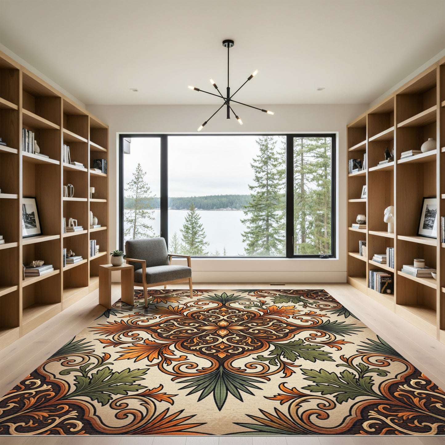 Elegant Amber Foliage Botanical Medallion Rug