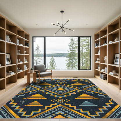 Tribal Yellow Blue Geometric Zigzag Rug