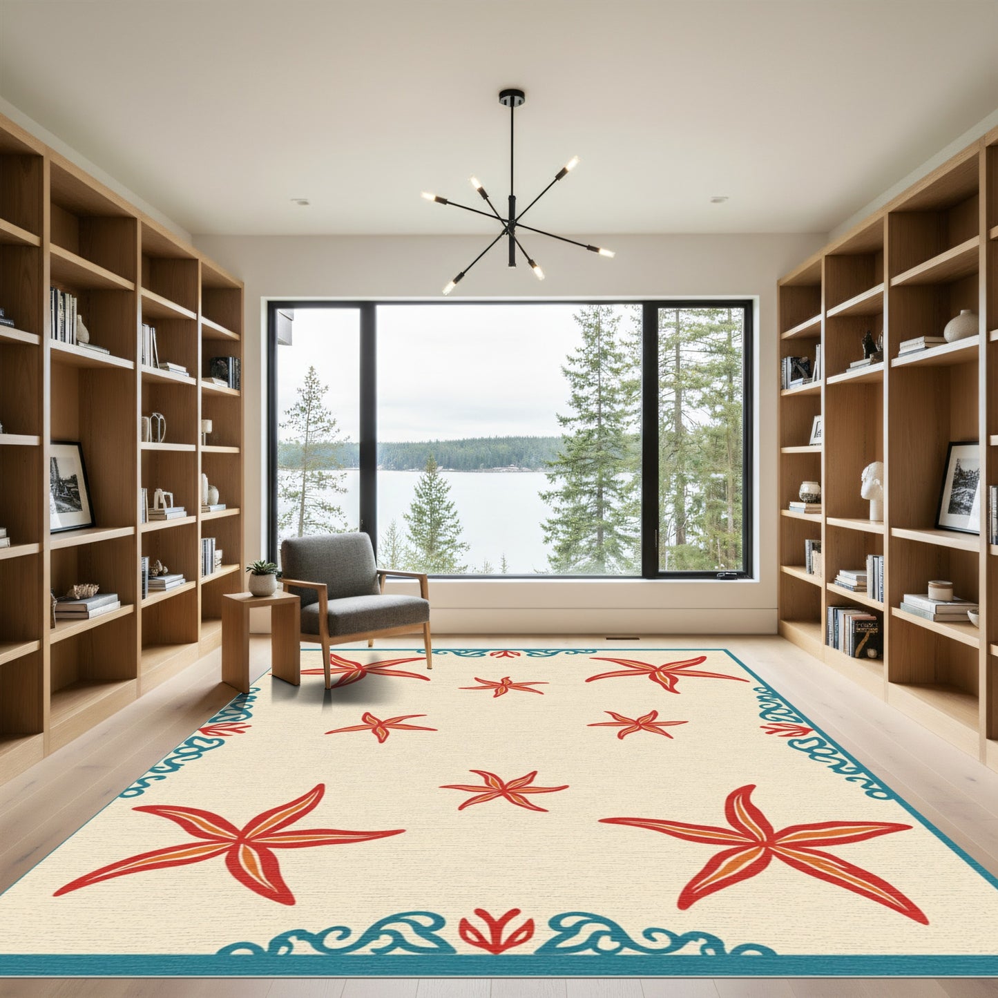Red Orange Starfish Cream Border Rug