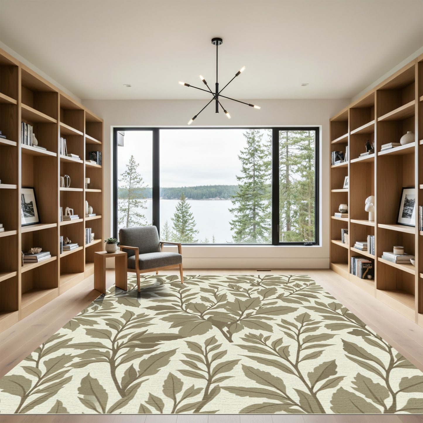 Taupe Tan Branches Leafy Pattern Rug