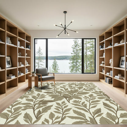 Taupe Tan Branches Leafy Pattern Rug
