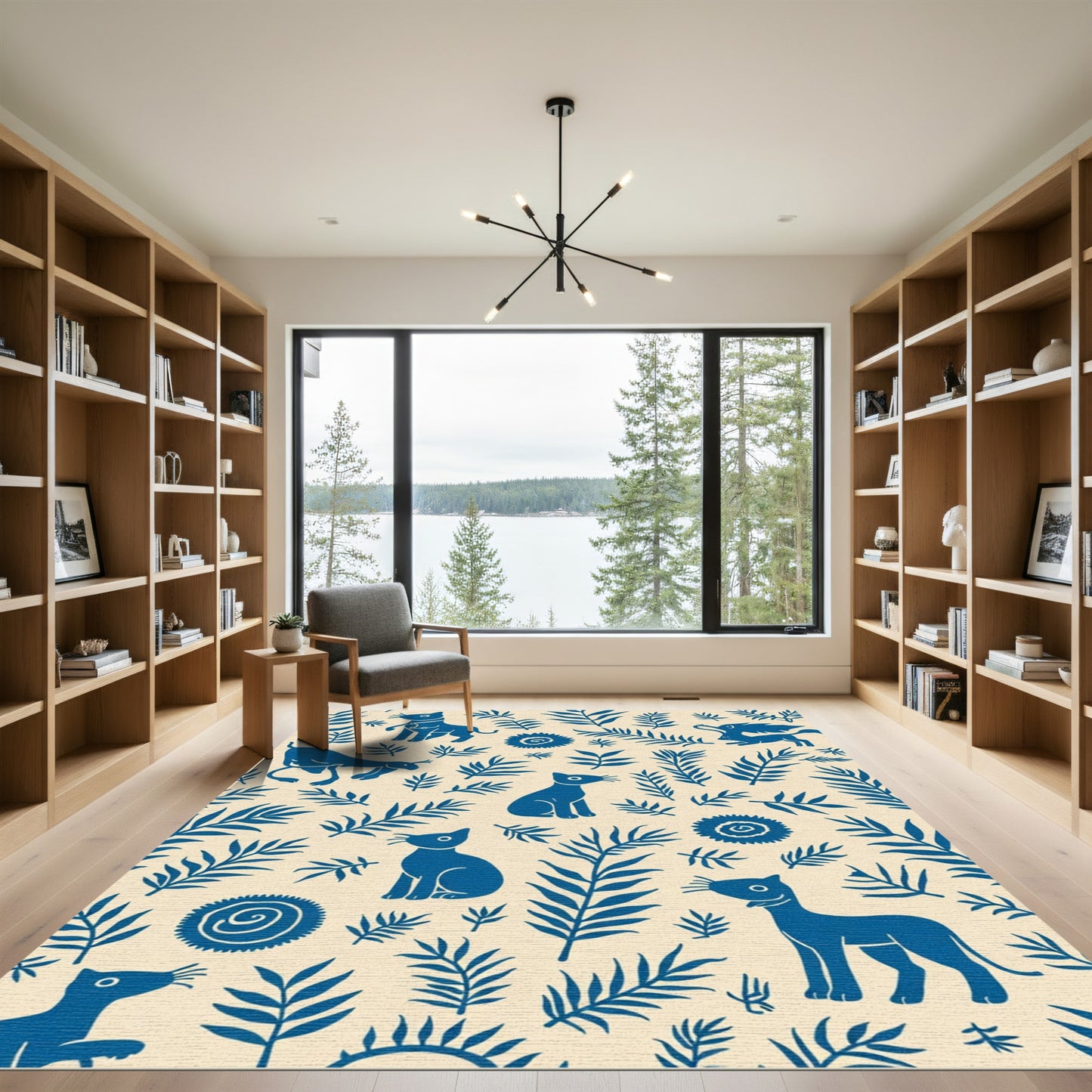 Blue Feline Botanical Folk Art Rug
