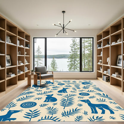 Blue Feline Botanical Folk Art Rug