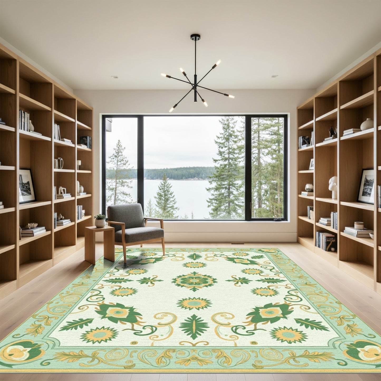 Green Yellow Floral Medallion Border Rug