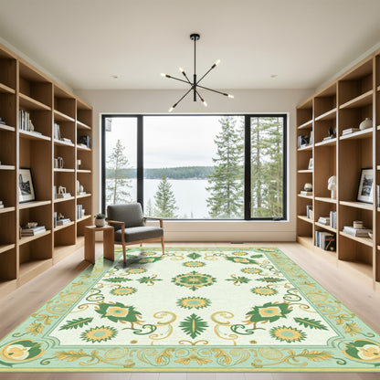 Green Yellow Floral Medallion Border Rug