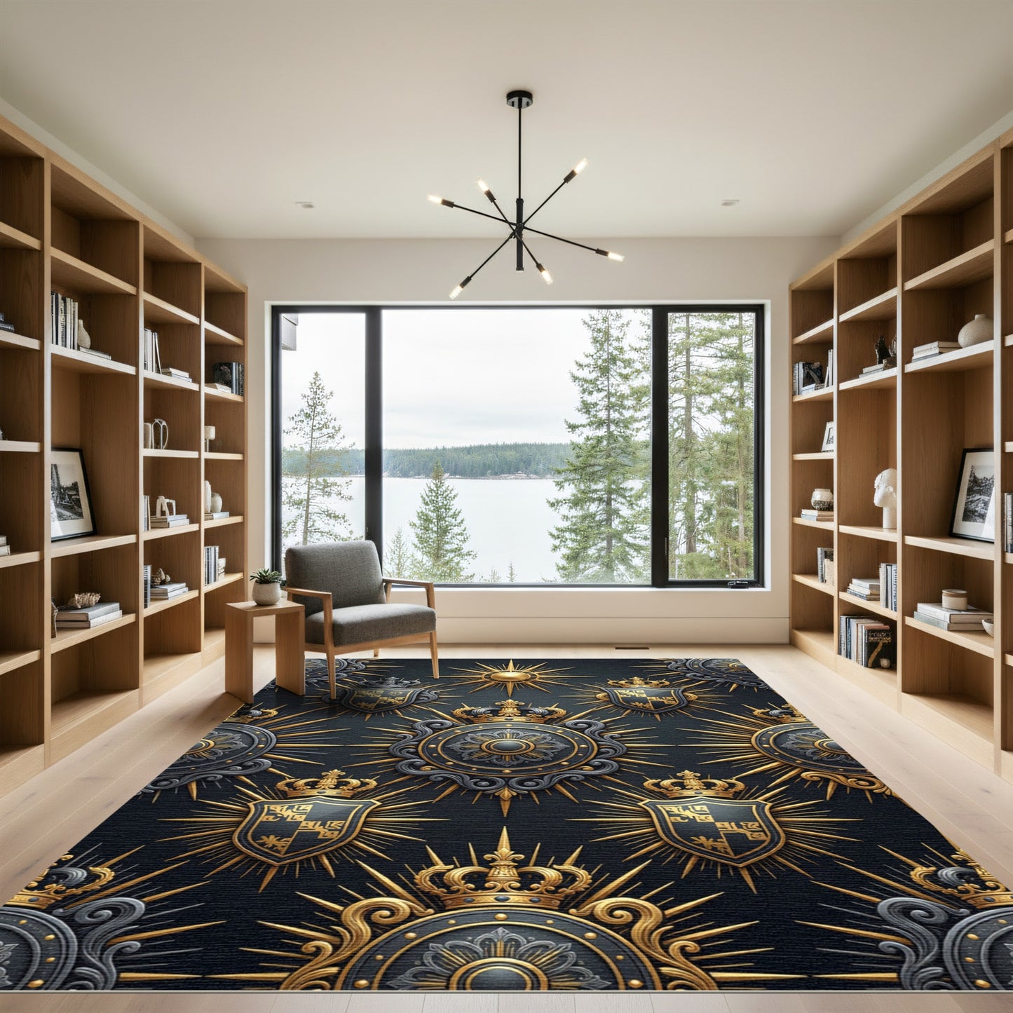 Royal Gold And Black Heraldic Emblem Rug
