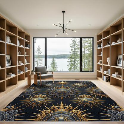 Royal Gold And Black Heraldic Emblem Rug