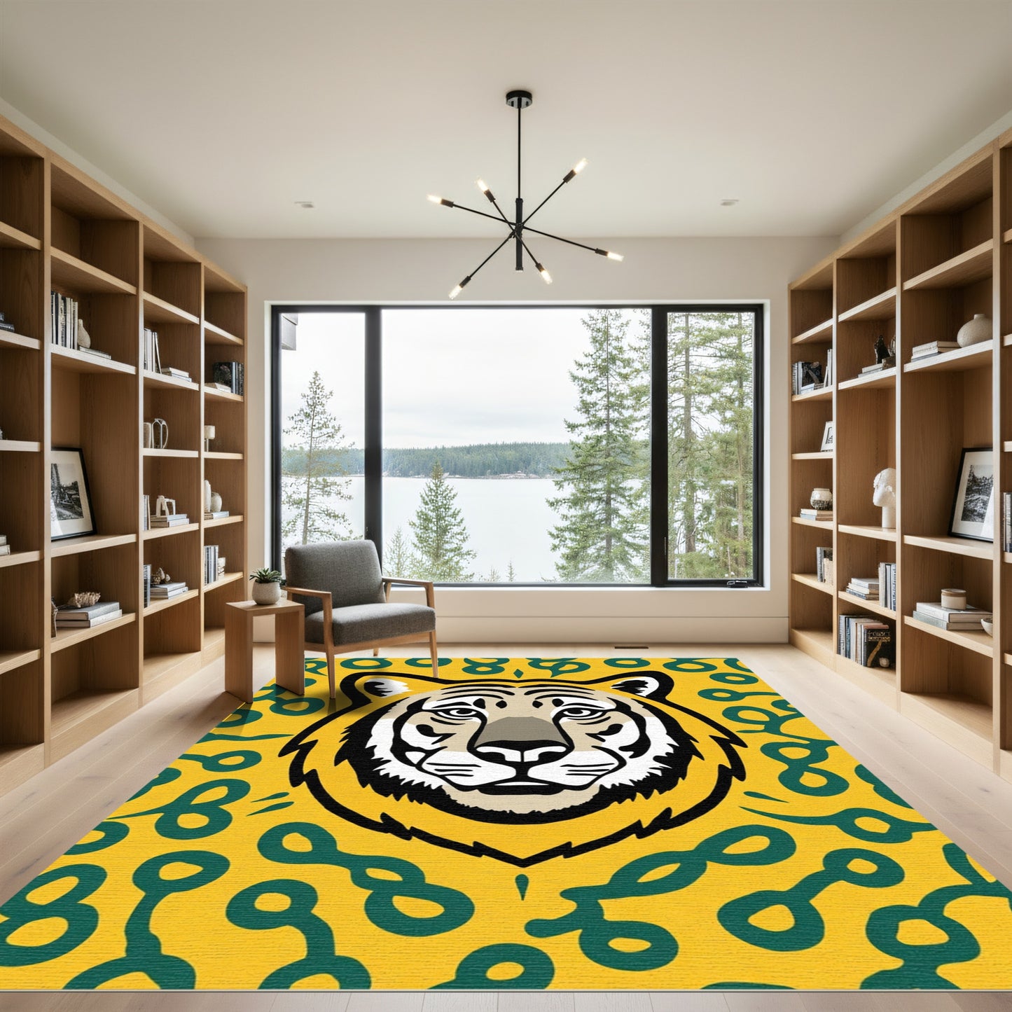 Bold Tiger Face Yellow Green Abstract Rug
