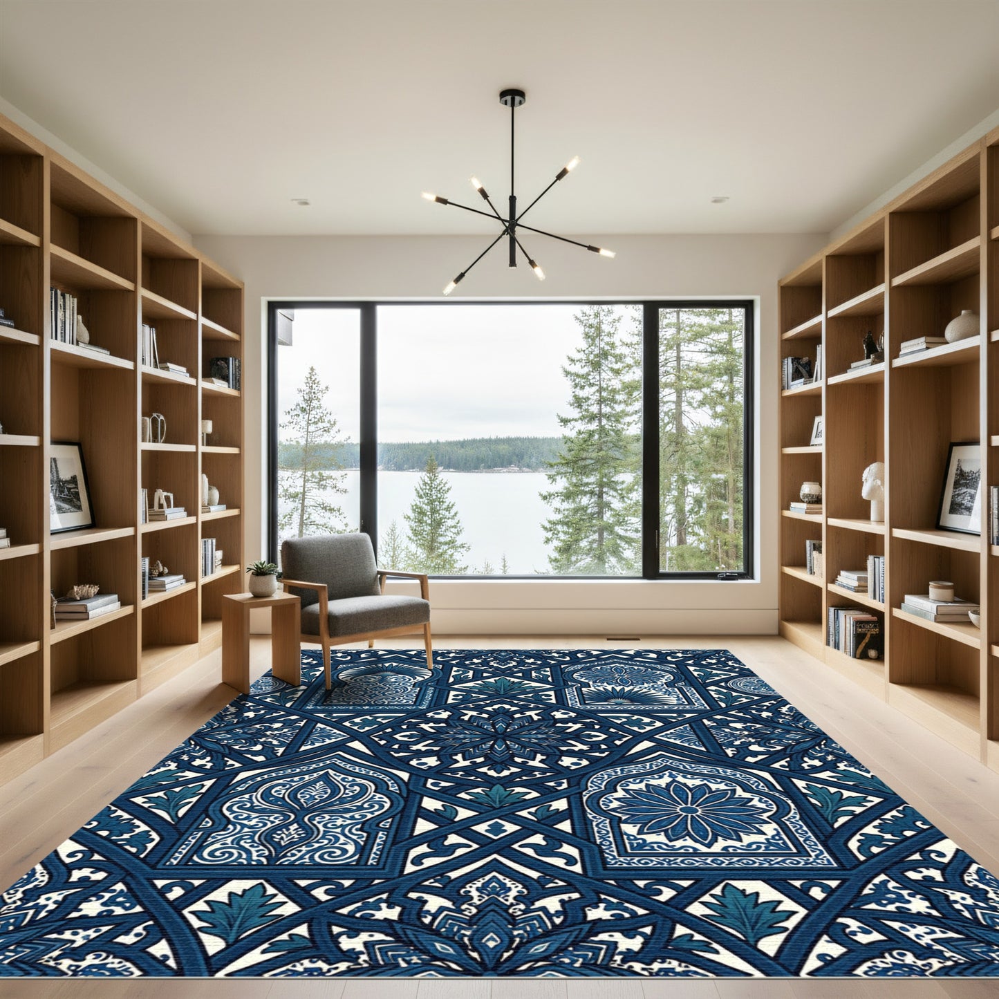 Indigo Blue Architectural Geometric Bloom Rug