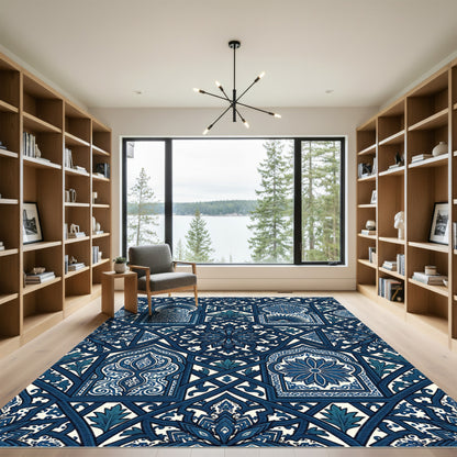 Indigo Blue Architectural Geometric Bloom Rug