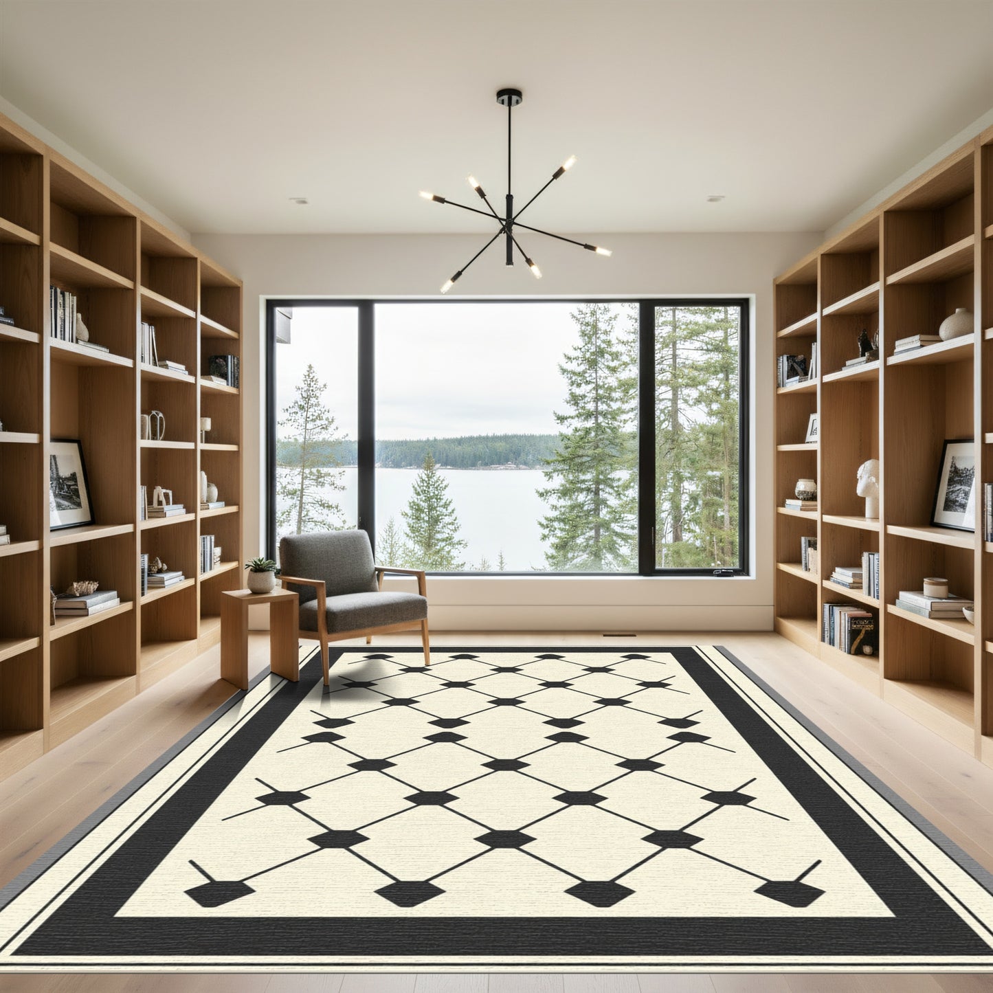 Cream Black Diamond Lattice Border Rug
