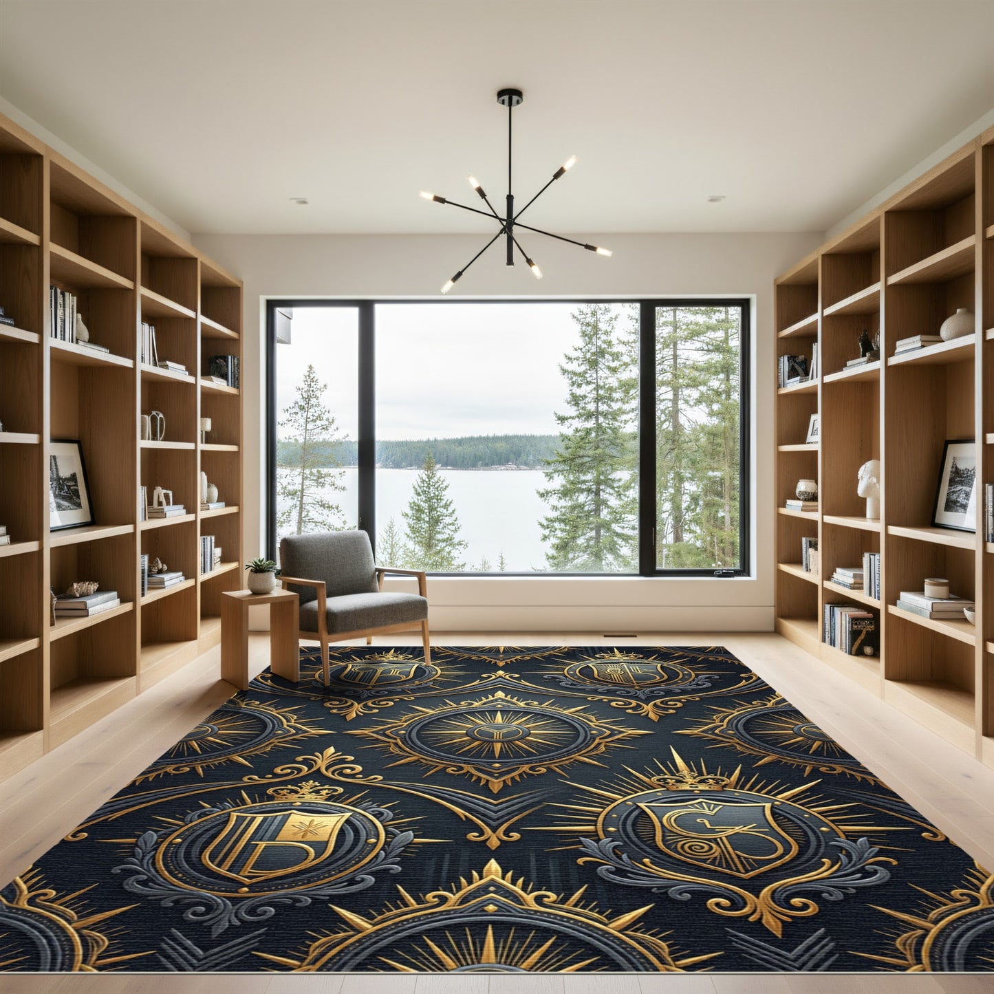 Regal Gold and Charcoal Crested Emblem Rug