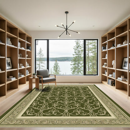 Deep Green Swirling Vine Border Rug