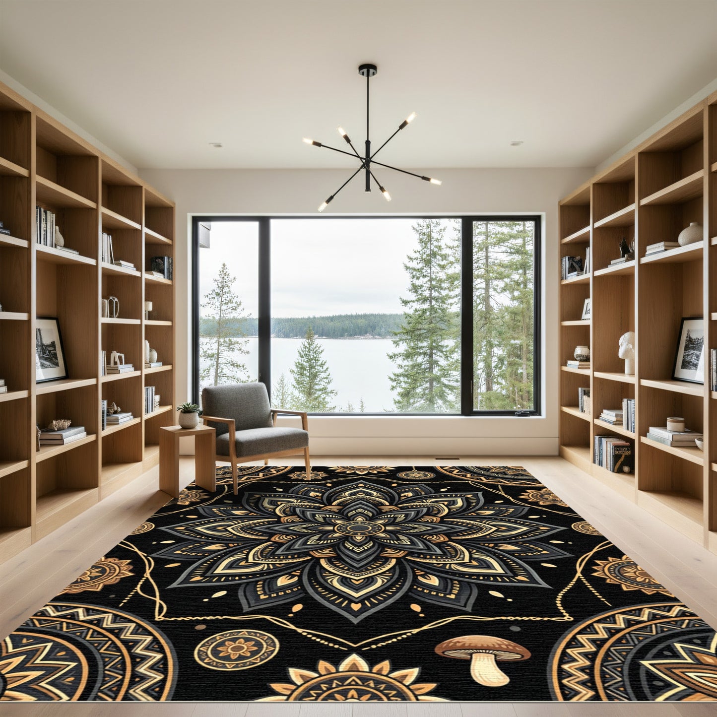 Elegant Charcoal and Gold Mandala Art Rug