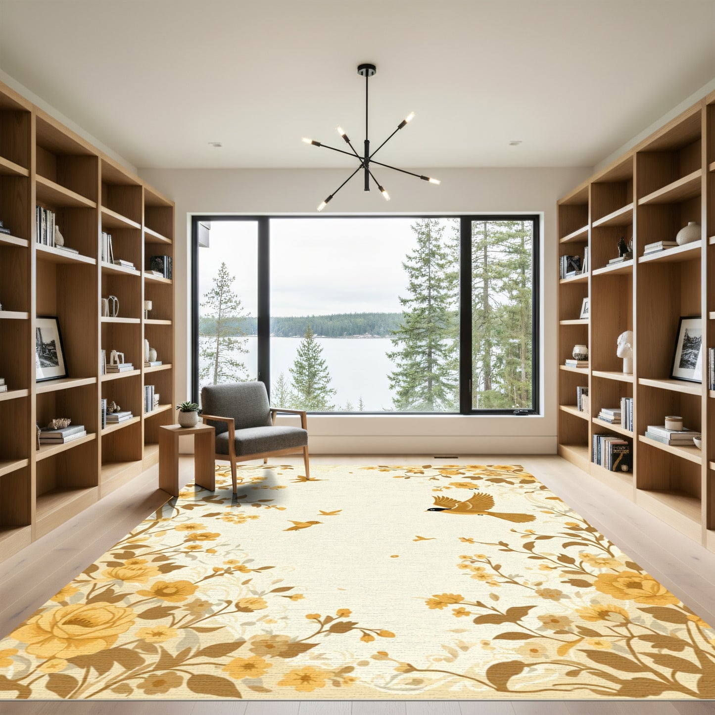 Golden Botanical Birds and Blossoms Rug