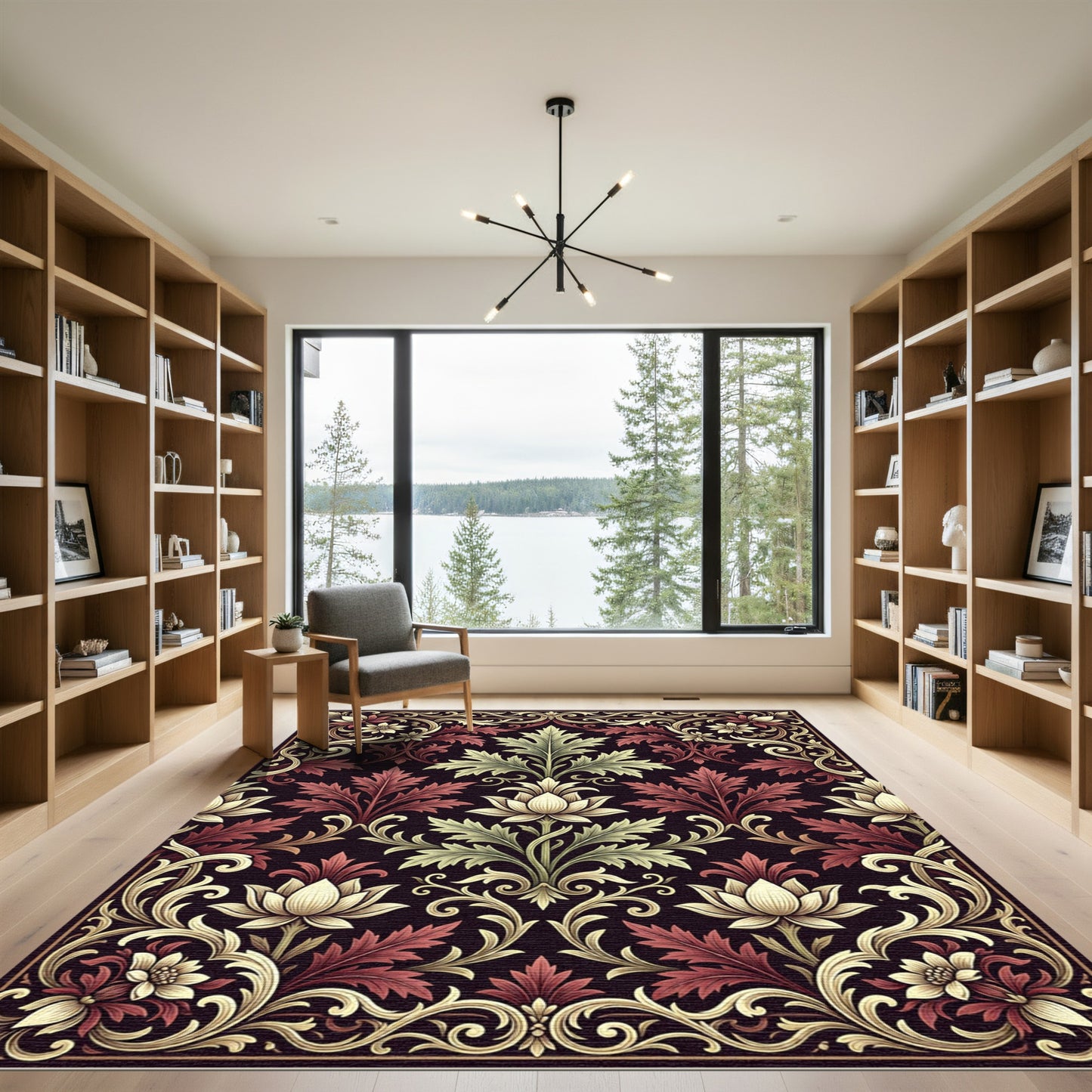Elegant Floral Damask Burgundy Cream Creeping Rug