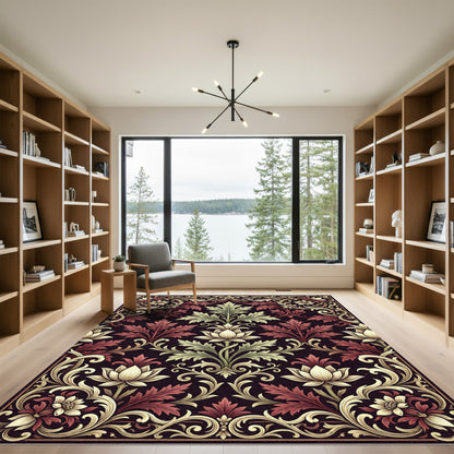 Elegant Floral Damask Burgundy Cream Creeping Rug