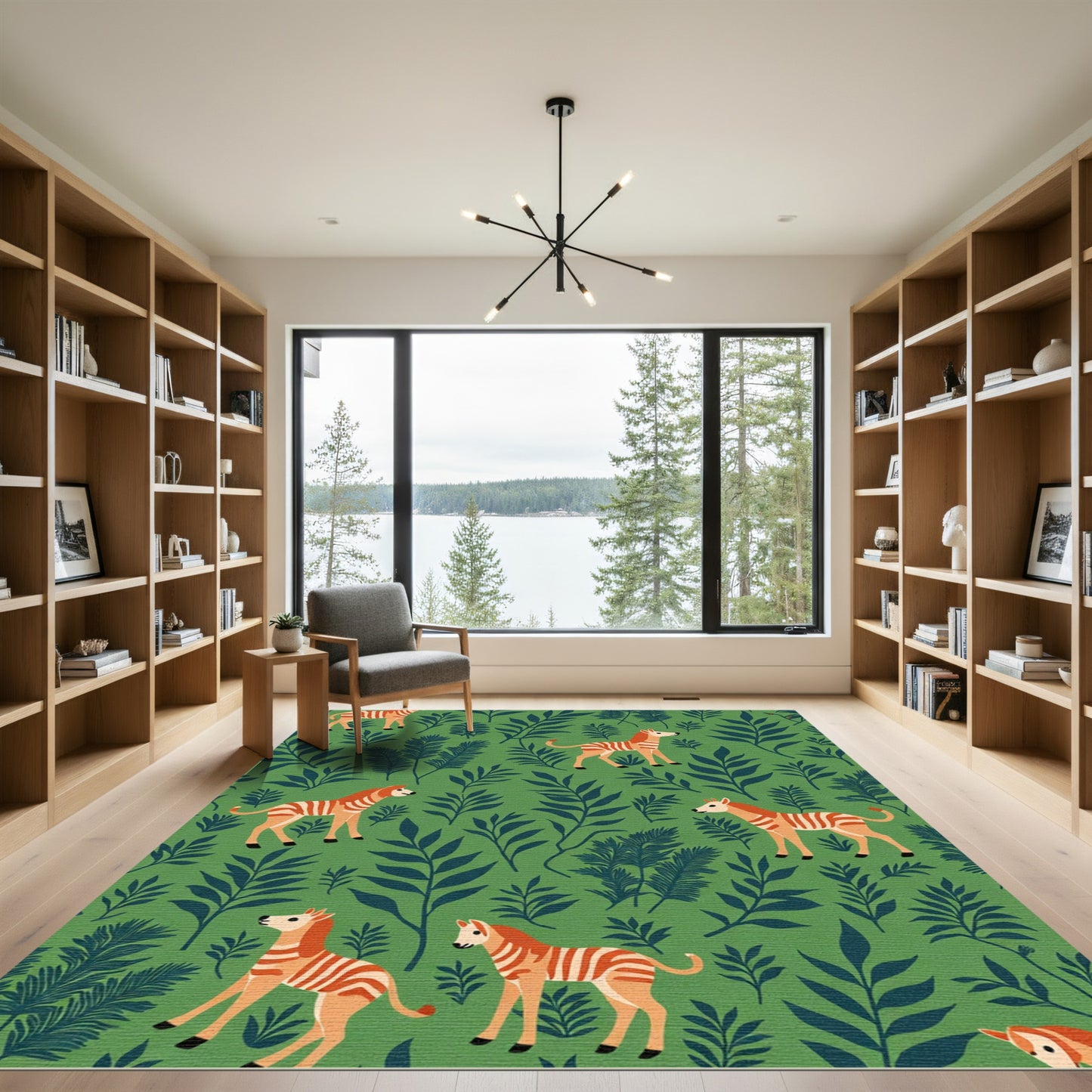 Orange Zebra Green Forest Scene Rug