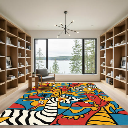 Whimsical Red Yellow Blue Animal Collage Rug