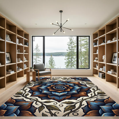 Rustic Teal and Bronze Floral Mandala Rug
