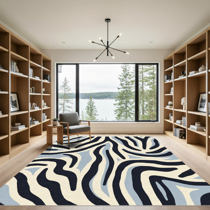Navy Cream Abstract Zebra Stripe Rug