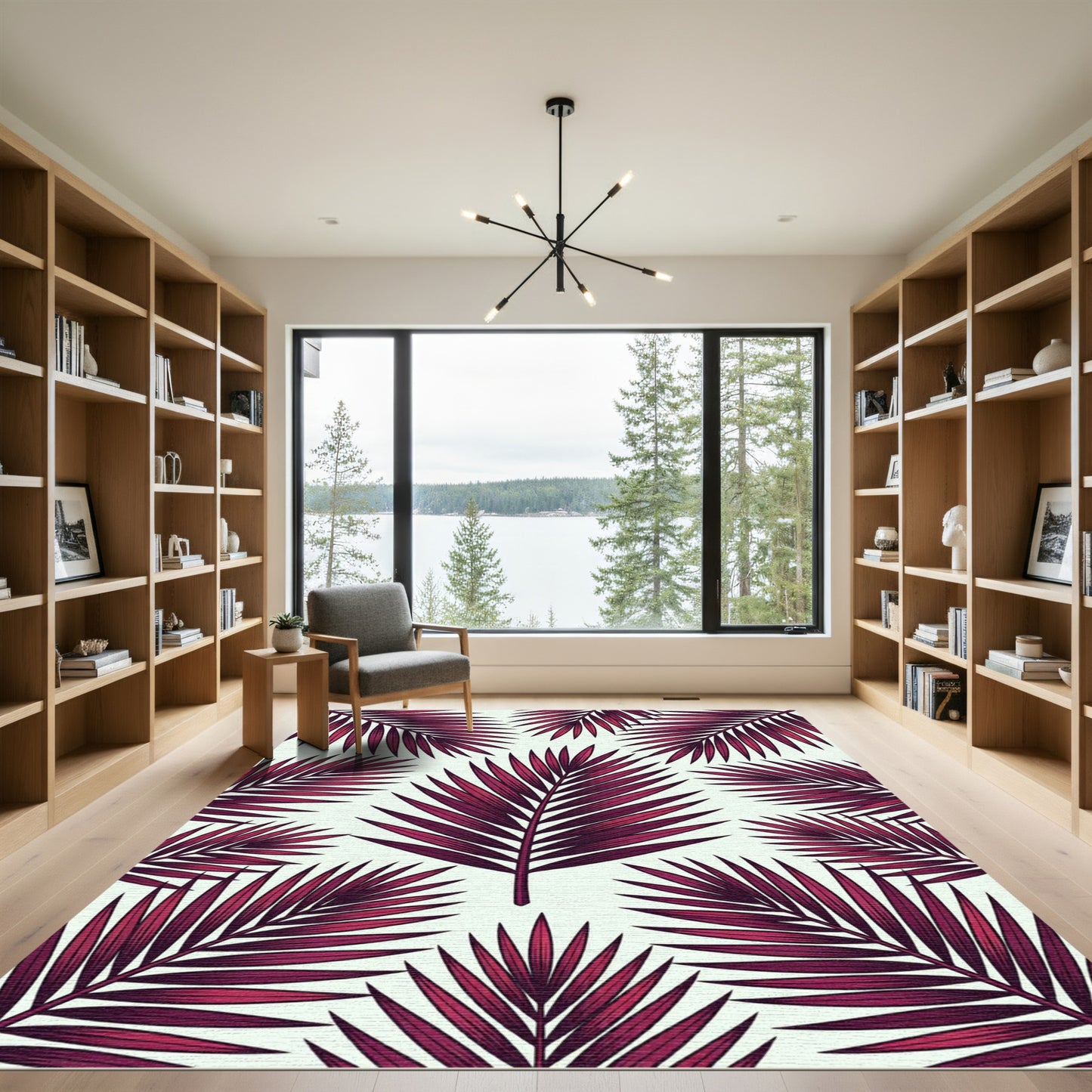 Crimson Palm Leaf Tropical Composition Rug